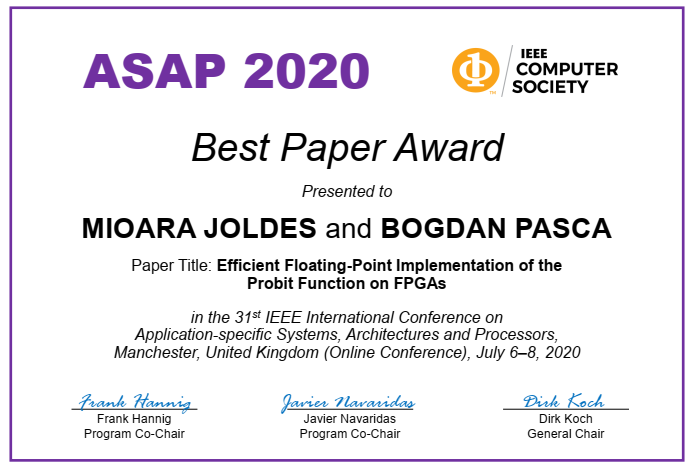 ASAP 2020 Best Paper Award Certificate